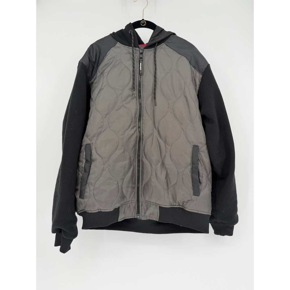 Modern Culture Mens Quilted Hooded Bomber Jacket Grey Black Full Zip Medium